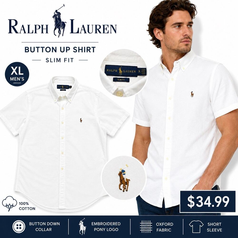 Ralph Lauren Button Up Shirt Men’s XL White Slim Fit Oxford Cotton Pony